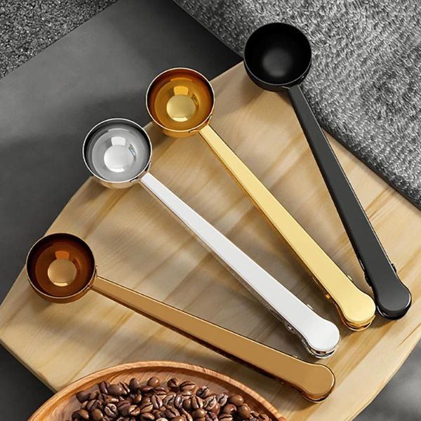 Colheres de café 2 em 1 colher criativa 5ml colher portátil de aço inoxidável com função de clipe de vedação medição de cozinha