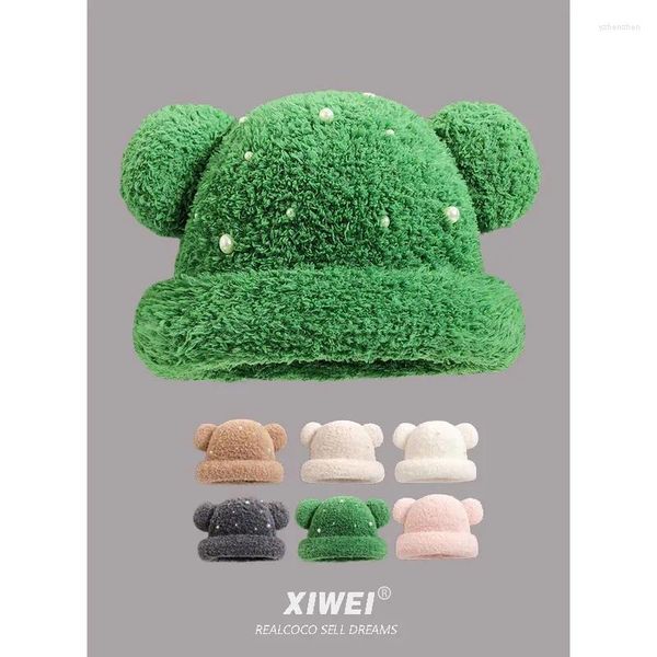 Berets Koreanische Version Doppel Ball Plüsch Pullover Hut Winter Süße Perle Bär Ohren Eimer Mode Warme Kuppel Becken Kappe für Frauen