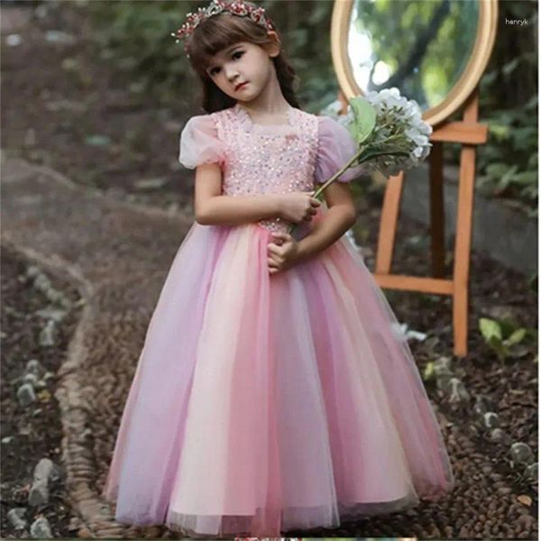 Mädchen Kleider Blume Elegante Tüll Spitze Druck Pailletten Kurzen Ärmeln Prinzessin Hochzeit Party Ball Erstkommunion Kleider Traum