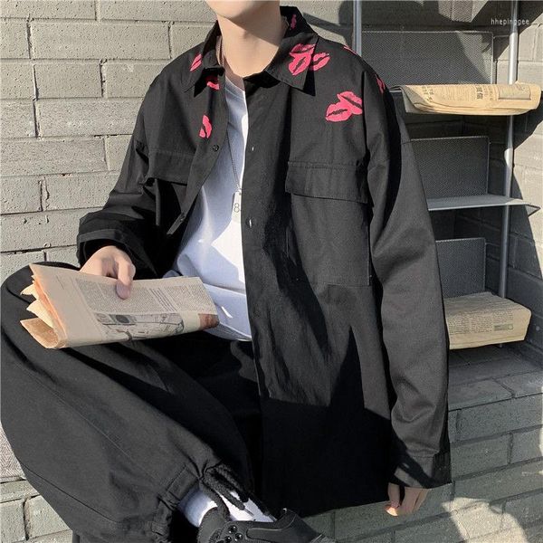 Camisas casuais masculinas Lipstick Graphic Loose Men Manga Longa Harajuku Moda Bloups 2023 Spring Cardigan Cardigan Casal Roupas