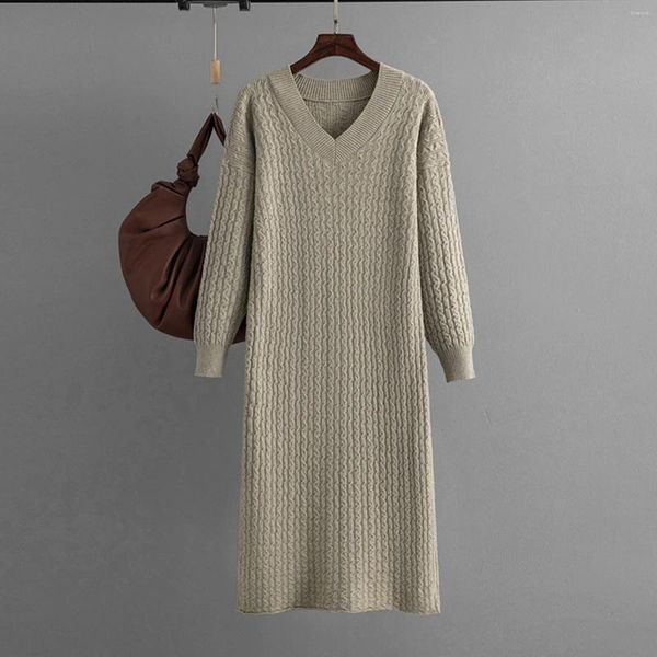 Lässige Kleider Damen Herbst Winter Strickpullover Kleid 2023 V-Ausschnitt Muster lang mit Rücken warm für Frauen Hochzeit