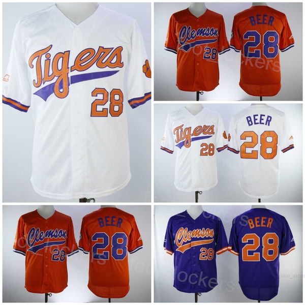 College Clemson Tigers 28 Seth Beer Baseball Jerseys Mans Team Purple Orange White All Stitched Cooperstown