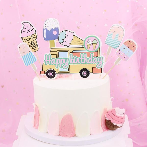 Forniture festive Summer Ice Cream Truck Happy Birthday Cake Topper Set Decorazioni per feste per bambini Candy Bar Decor