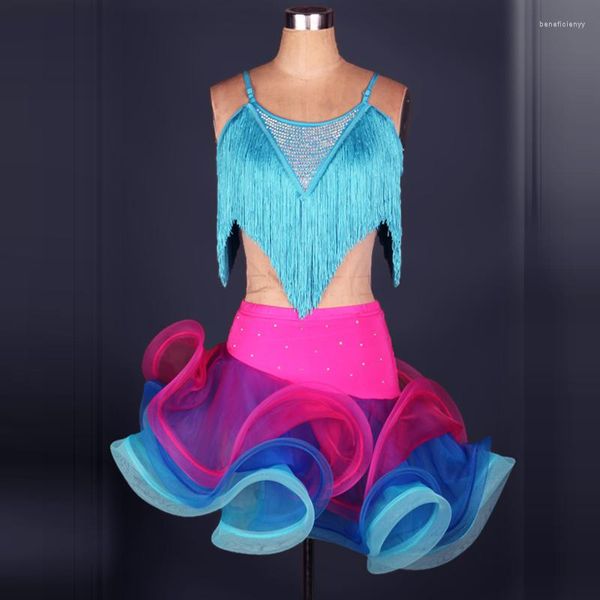 Bühnenkleidung Latin Dance Kleid Frauen/Mädchen zum Verkauf Rose/Gelb/Blau/Grün Fitness Kleidung Kostüme Quaste Cha Cha/Rumba Kleider