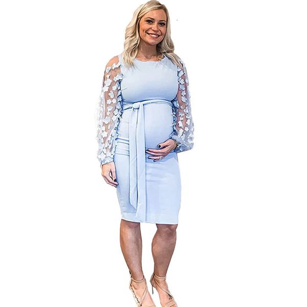 Umstandskleider Floral Mesh Langarm Schwangerschaft Pographie Midikleid Figurbetontes Poshoot Kleid für Babyparty Hochzeitsfeier 230425