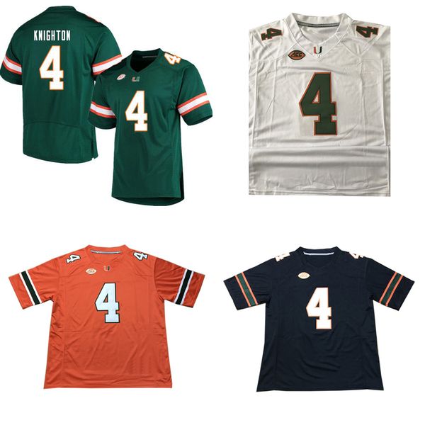 Maglie personalizzate da uomo college Miami Hurricanes bianco arancione nero verde 4 Jaylan Knighton taglia per adulti personalizza l'ordine misto jersey cucito abbigliamento da football americano