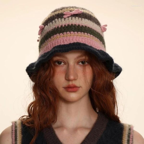 Berets Y2K Mädchen Süße Rosa Schleifen Slouchy Strick Beanie Hut Frauen Herbst Winter Gestreift Häkeln Fischer Kappe Dame Eimer PO Requisiten