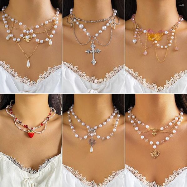 Anhänger Halsketten Y2K Herz Perlen Halskette Mode Imitation Perle Kreuz Choker Für Frauen Mädchen Trend Party Geschenk Schmuck Zubehör