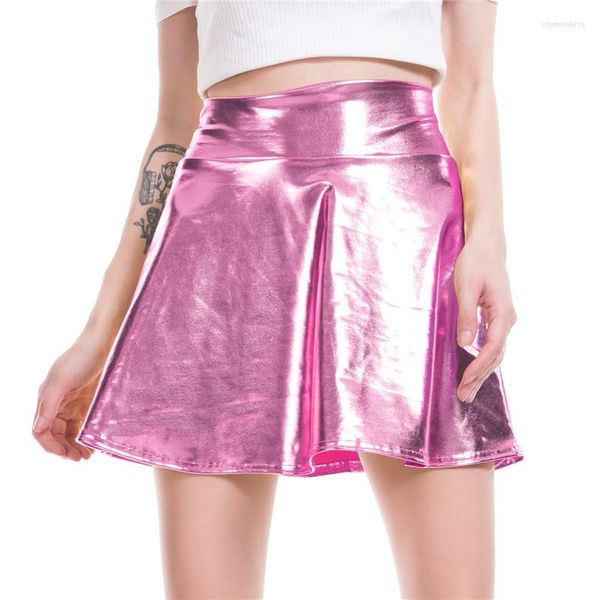 Röcke S-XXL Funky Girls Shiny Holographic Minirock Damen Sommer Party Rave Faltenrock Metallic Farbe Kunstleder A-Linie Kleid