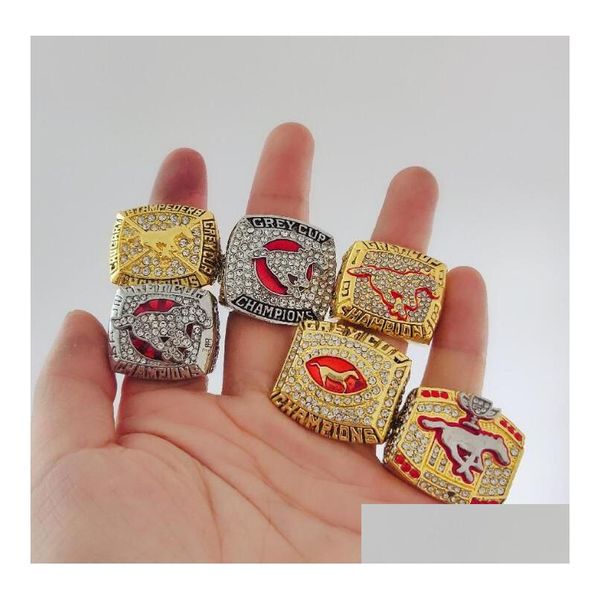 Cluster-Ringe 6 Stück Calgary Stampeders Grey Cup Championship-Ring-Set mit Holz-Display-Box-Hülle Männer Fan Souvenir Geschenk Großhandel Drop Dh1uv