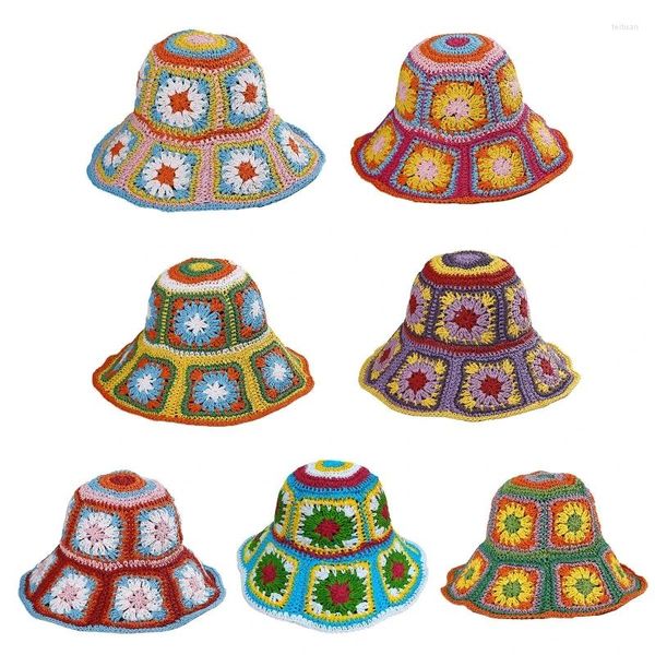 Boinas Crochet Flower Padrão Balde Chapéu Multicolor Dobrável Aba Larga Anti-UV Cap