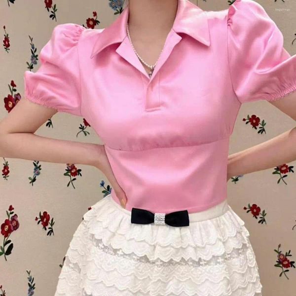 Damenblusen, koreanische Mode, rosa, süße, kurzärmelige, merzerisierte Polo-Reversbluse, hohe Taille, V-Ausschnitt, bedrucktes Crop-T-Shirt, 2023 Herbst