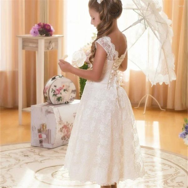 Vestidos de menina branco tule flor vestido para casamento laço boné manga chá comprimento dama de honra da criança primeira festa de aniversário eucarístico