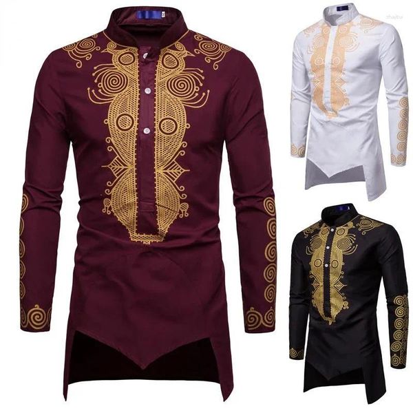 Camisas de vestido masculinas Ramadan Manga Longa Moda Muçulmana Reta Comprimento Médio Impresso Camisetas Slim Roupas Africanas Tops