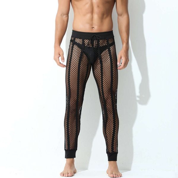 Pantaloni da uomo sexy Pantaloni in rete a righe traspiranti Pantaloni trasparenti con foro scavato Indumenti da notte esotici a vita bassa con leggings
