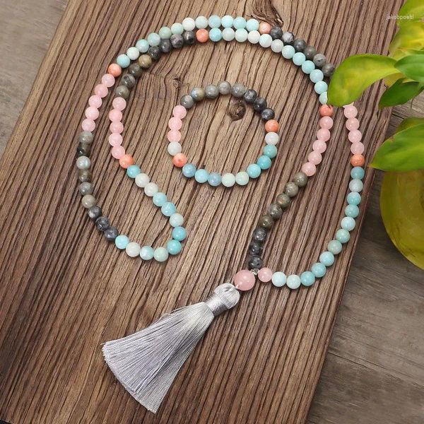 Colares Pingente NS0252 108 Mala Colar de Alta Qualidade Yoga Pulseira Natural Amazonita e RoseQuartz Labradorite Jóias