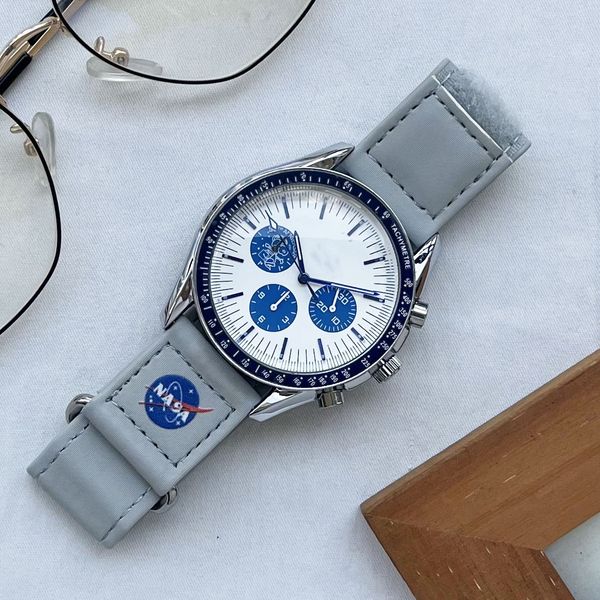 OMEG 43mm designer de luxo de alta qualidade para homens homem vestido relógios de pulso masculino aeroespacial todos os dial trabalho seis agulhas relógio de quartzo relógio de pulso de luxo relógios com pulseira de couro
