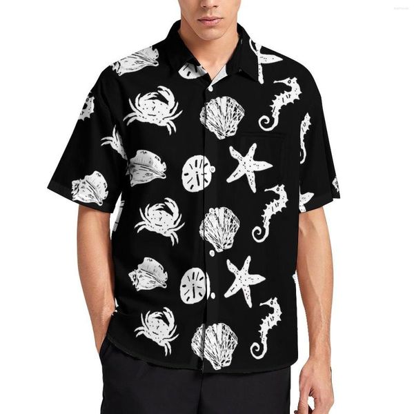 Camisas casuais masculinas Cascas do mar náuticas Camisa solta para mensagens de praia preto e branco