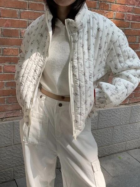 Trench da donna Giacca con stampa floreale da donna Colletto alla coreana invernale Manica lunga Bomber in cotone con cerniera allentata Donna Coreana Casual caldo