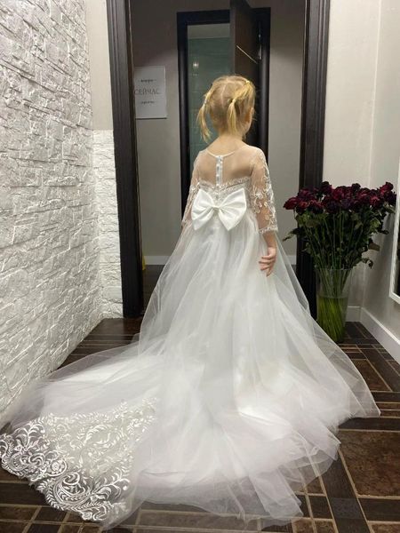 Mädchenkleider Erstkommunion ärmellos Spitze Schulterdruck Schleppe Prinzessin Blumenkleid Hochzeit Party Ball Traum Kinder Geschenk