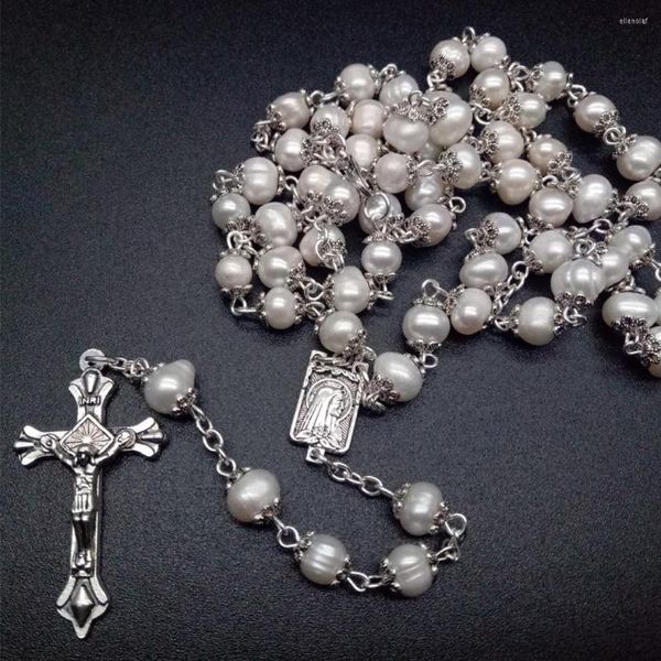 Collane con ciondolo Perle rotonde fatte a mano vintage con perle rosario cattolico Qualità Vergine Maria Croce Collana Perline Pendenti religiosi