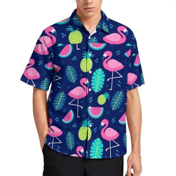 Camicie casual da uomo Camicia fenicottero estiva Stampa foglie carine Camicette allentate hawaiane Y2K da spiaggia Top oversize con grafica a manica corta