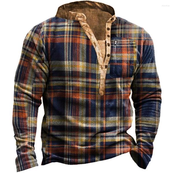 Erkek Hoodies Bubbbbbleys Sweatshirt Erkekler Sonbahar Kış Kış Kıyısı Kazak Hoodie Vintage Plaid Henley Yakalar Sokak Giyim T-Shir