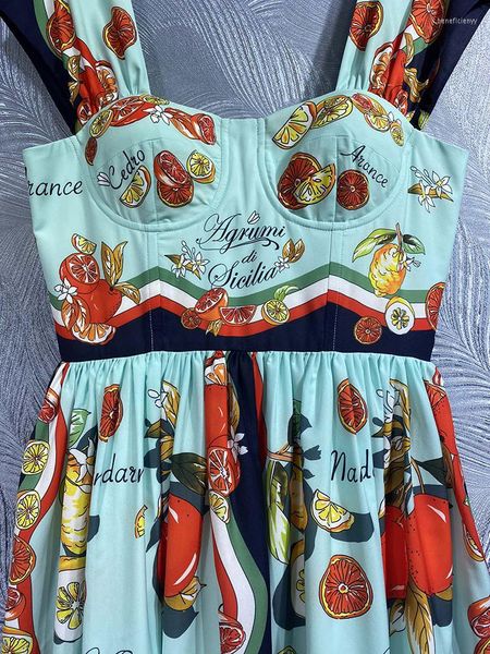 Freizeitkleider Damen Baumwolle Urlaubskleid Sexy Spaghettiträger Zitronenfruchtdruck Ballkleid Midi