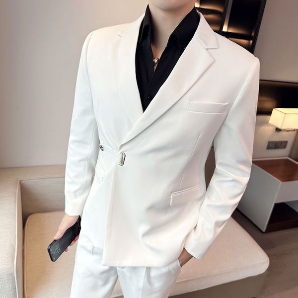 Komplettes elegantes Herren-Blazer-Kostüm mit Gürtel, 2-teiliges Set, stilvolles englisches Gentleman-Abschlussball-Social-Smoking-Kleid, Jacken, Weiß, Khaki
