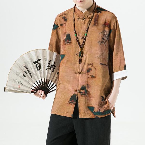 Camicie casual da uomo Estate 2023 Cotone Lino Top Abbigliamento tradizionale cinese per uomo Vintage Mezza manica Madarin Collar Hanfu KungfuMen's