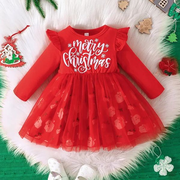Mädchen-Kleider, Baby-Weihnachtskleid, 15 Jahre, bedruckt, rot, „Merry Christmas“, Cosplay-Kostüm, Kleinkind, Weihnachtsjahr 231124