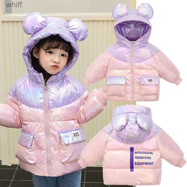 Para baixo casaco meninas jaqueta de inverno crianças urso orelhas zíper para baixo jaquetas bebê grosso quente casaco com capuz crianças moda casual longo jaquetasl231125