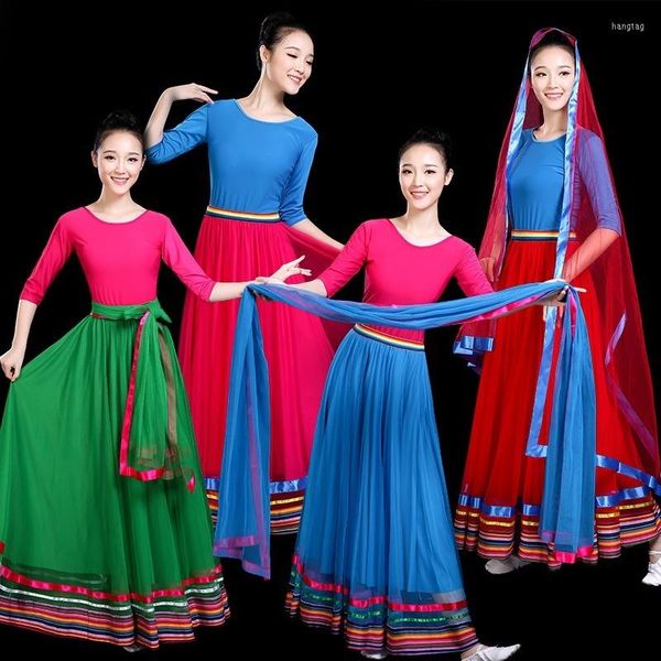 Abbigliamento da palcoscenico Abbigliamento da esibizione tibetano Primavera Danza mongola Gonna lunga Grande altalena Abiti da pratica professionale