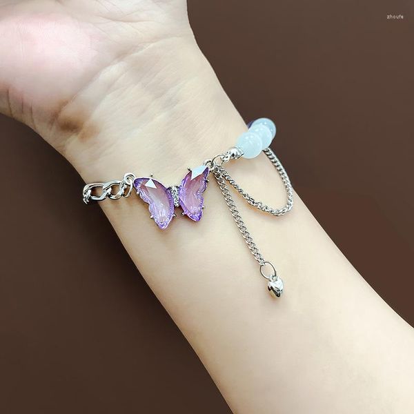 Bracelets de charme U-magia coreano roxo artesanal Butterfly pulseira assimétrica para mulheres jóias de metal de miçangas de coração doce