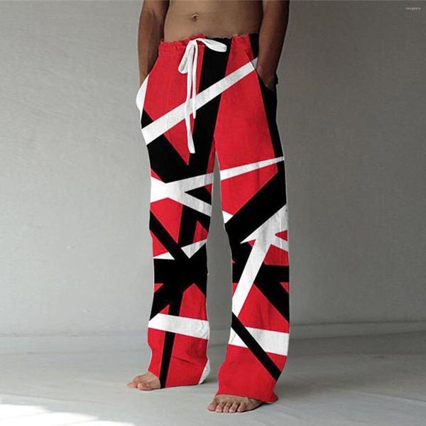 Pantaloni da uomo Moda uomo Casual Tasca in lino stampato Lacci di grandi dimensioni Peluche bianco