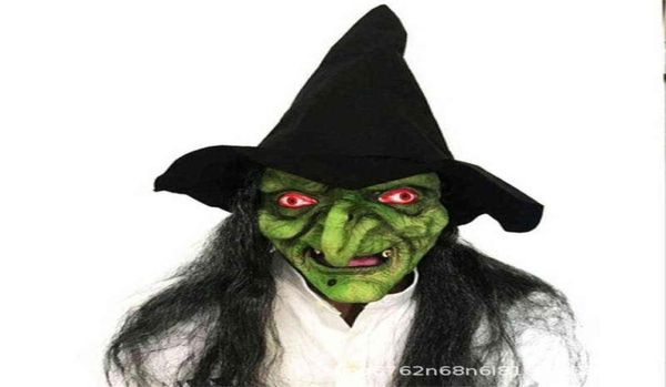 Halloween Party Horror Maschera da strega con cappello Cosplay Spaventoso Clown Hag Maschere in lattice Volto verde Naso grande Donne anziane Costume Puntelli L2205309025215