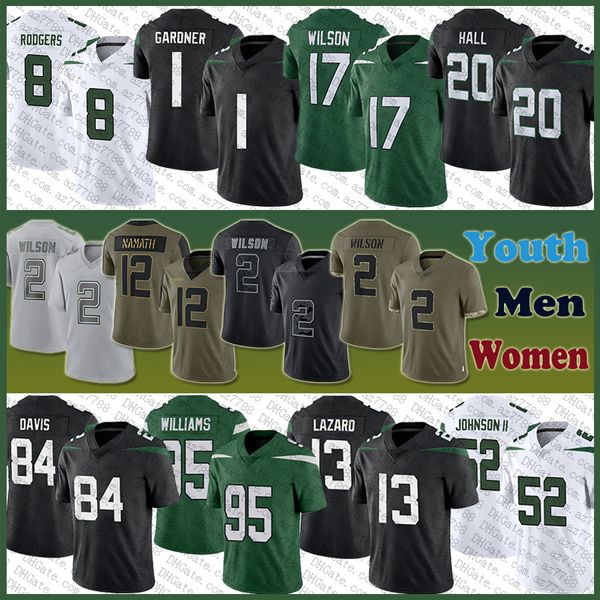 Aaron Rodgers Allen Lazard Camisa de futebol personalizada Homens Mulheres Juventude Ahmad Sauce Gardner Garrett Zach Wilson Breece Hall Quinnen Williams Corey Davis