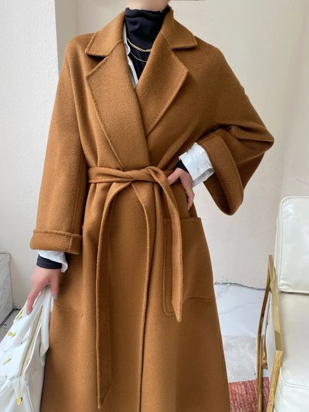 Misturas de lã feminina outono e inverno feminino mais longo laço casaco cor sólida artesanal solto camisola de lã manto 231124
