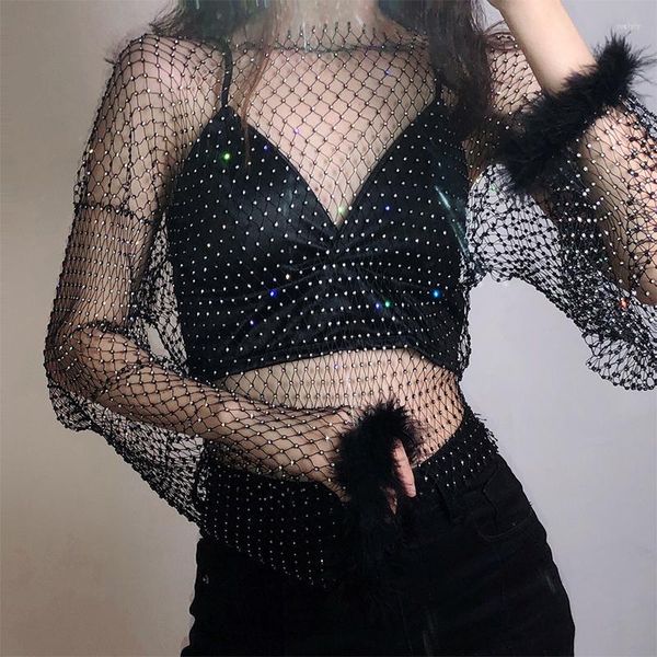 Magliette da donna Glitter Diamonds Fishnet Feather T-Shirt Top Donna Maglia manica lunga O Neck Sexy Hollow Out See Through Club Party Tees