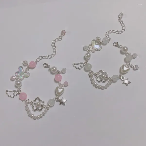 Pulseira com miçangas de coração de borboleta branca rosa Strand Y2K | Linda menina bebê moda