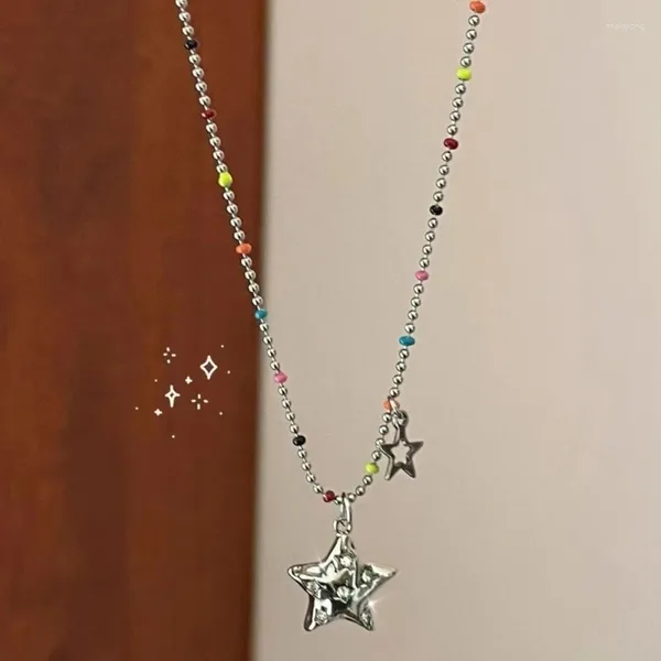 Colares de pingente doce-colorido frisado duas estrelas colar de cinco pontas nicho simples versátil corrente feminina liga clavícula