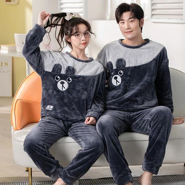 Mulheres Pijamas Casal Animal Pijamas Set Mulheres / Homens Inverno Quente Flanela 2 PCS Nightweart Feminino Pijamas Terno Coral Fleece Loungewear