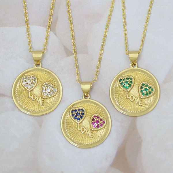 Catene Multicolor Hearts Collana di monete incise Color oro CZ Love Textured Medallion Disco Gioielli Collier Pieces De Monaie