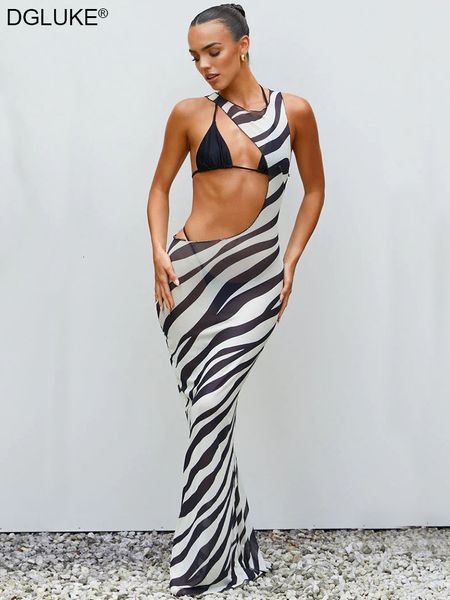 Abiti casual Zebra Mesh Long Beach Dres 2023 Cut Out Bodycon Maxi Costume da bagno Coprire Sexy Estate a righe trasparenti 230424
