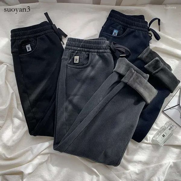 Calças femininas inverno engrossado vison denim papai reto solto grande rabanete casual