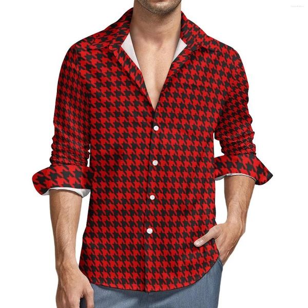 Camisas casuais masculinas houndstooth impressão camisa outono vermelho e preto homem novidade blusas manga longa gráfico y2k roupas tamanho grande