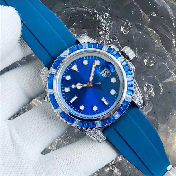 Diamantuhr, automatische mechanische Uhr für Herren, 40 mm, blaue Uhr, hochwertiges 8215-Uhrwerk, Kautschukarmband, Schwimm-Taucheruhr mit Box, Urlaubs-Luxusgeschenk