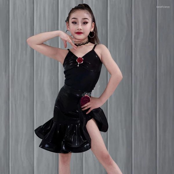 Stage Use Fashion Ballroom Dance Competition Rous Girls Black Leather Latin Dress Performance Dançando Dwy8960