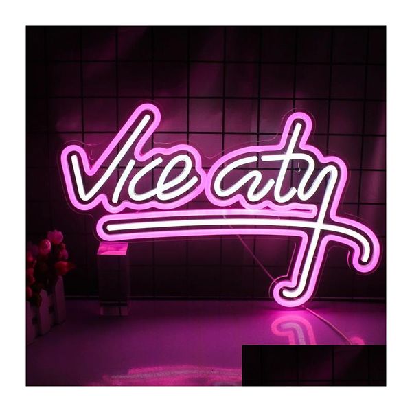 Objetos decorativos estatuetas Wanxing Vice City Neon Sign Rosa Luzes LED Quarto Letras Sala de jogos Bar Festa Interior Home Arcade Sh Ot6Go