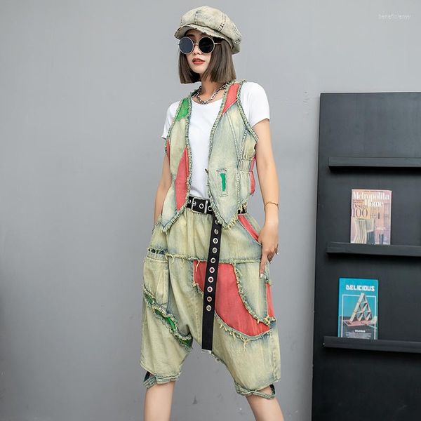 Damen Trainingsanzüge Kontrastfarbe Patchwork Ärmellos Kurze Sets Sommer Lässige Mode Boyfriend Hip Hop Streetwear Baggy Jeans mit tiefem Schritt